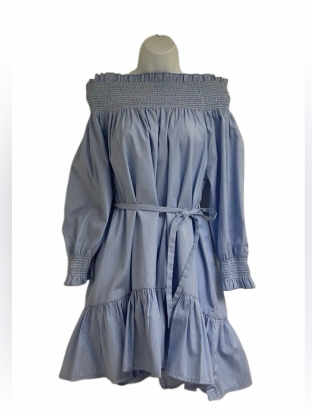 Thayer Smocked Off-Shoulder Long Sleeve Dress in Light Blue